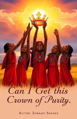 A powerful illustrated scene depicting five Maasai young girls, dressed in traditional vibrant red shuka adorned with intricate beadwork, standing together in a sunlit savannah landscape