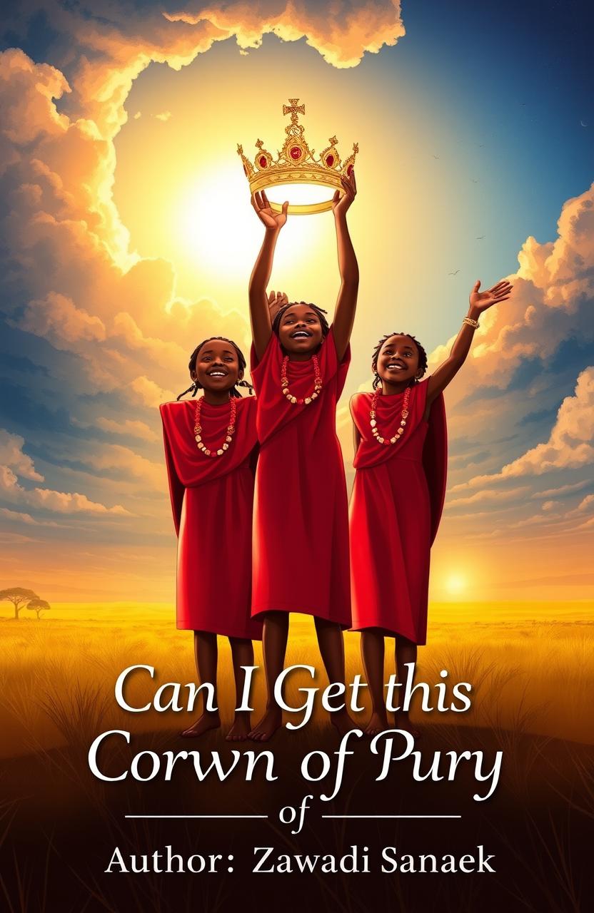 A powerful illustrated scene depicting five Maasai young girls, dressed in traditional vibrant red shuka adorned with intricate beadwork, standing together in a sunlit savannah landscape