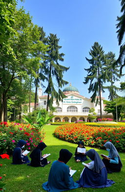 A lush green landscape featuring the Pesantren Persis 80 Al Amin Sindangkasi building, surrounded by vibrant flowers and tall trees under a bright blue sky