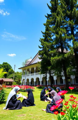 A lush green landscape featuring the Pesantren Persis 80 Al Amin Sindangkasi building, surrounded by vibrant flowers and tall trees under a bright blue sky