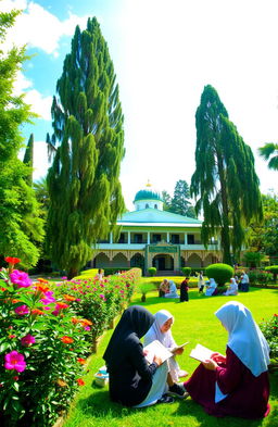 A lush green landscape featuring the Pesantren Persis 80 Al Amin Sindangkasi building, surrounded by vibrant flowers and tall trees under a bright blue sky