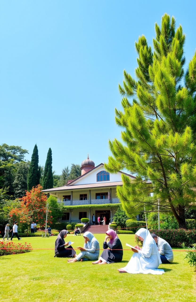 A lush green landscape featuring the Pesantren Persis 80 Al Amin Sindangkasi building, surrounded by vibrant flowers and tall trees under a bright blue sky