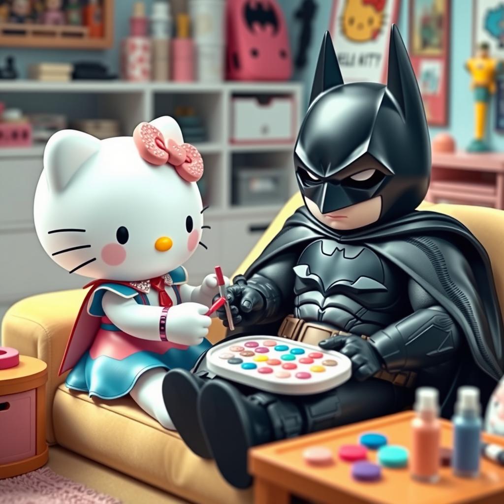 A whimsical scene featuring Hello Kitty, adorned in her signature cute style, engaging in a playful activity of painting Batman's nails