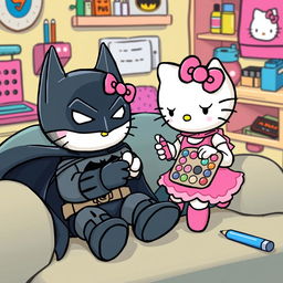 A whimsical scene featuring Hello Kitty, adorned in her signature cute style, engaging in a playful activity of painting Batman's nails