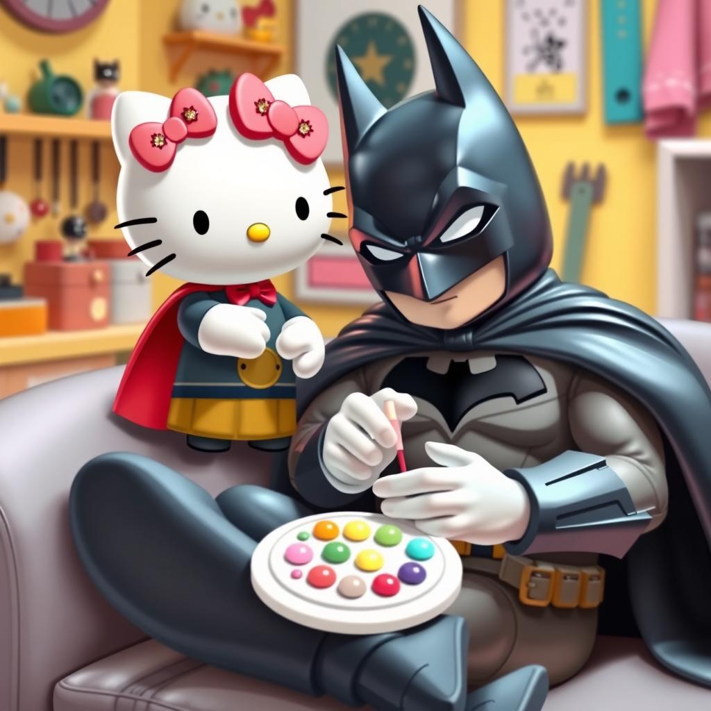 A whimsical scene featuring Hello Kitty, adorned in her signature cute style, engaging in a playful activity of painting Batman's nails