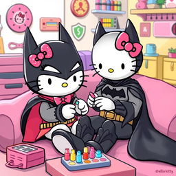 A whimsical scene featuring Hello Kitty, adorned in her signature cute style, engaging in a playful activity of painting Batman's nails