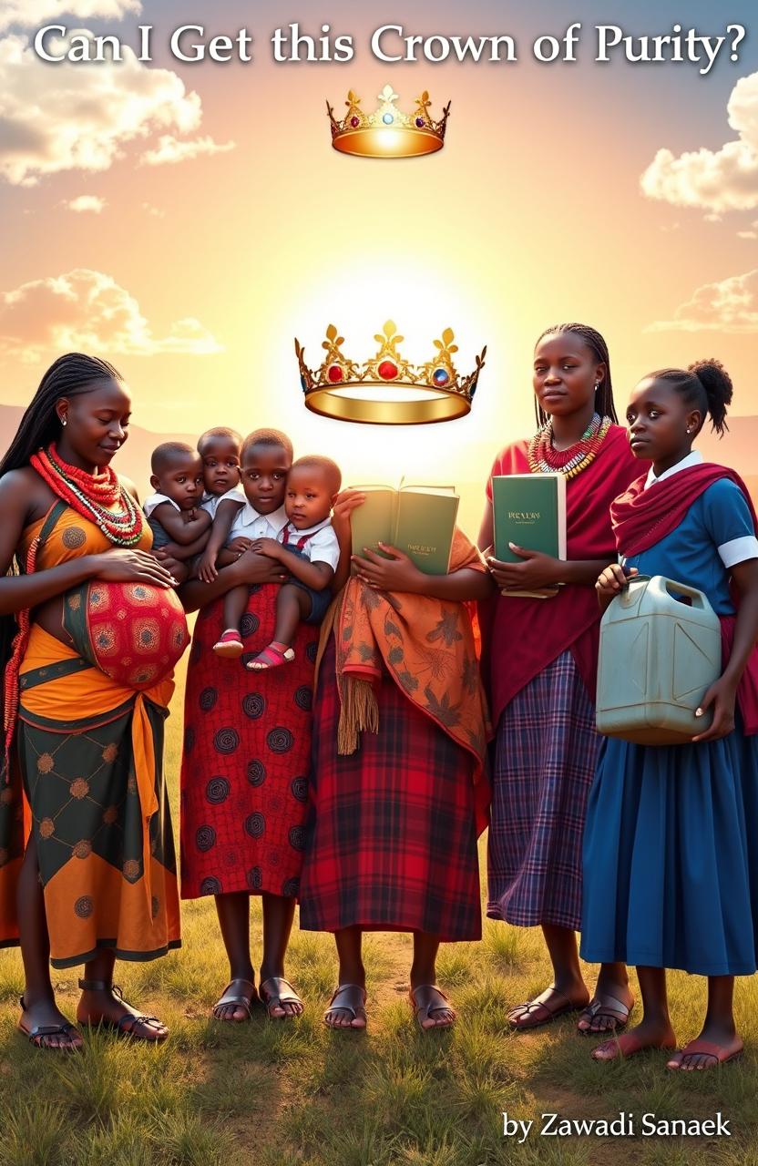 In an inspiring scene, depict five Maasai young girls standing together in a beautiful, sunlit landscape