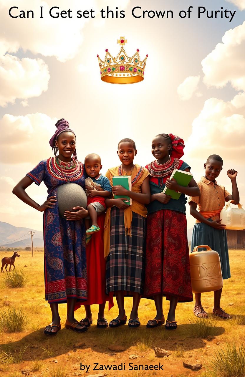 In an inspiring scene, depict five Maasai young girls standing together in a beautiful, sunlit landscape