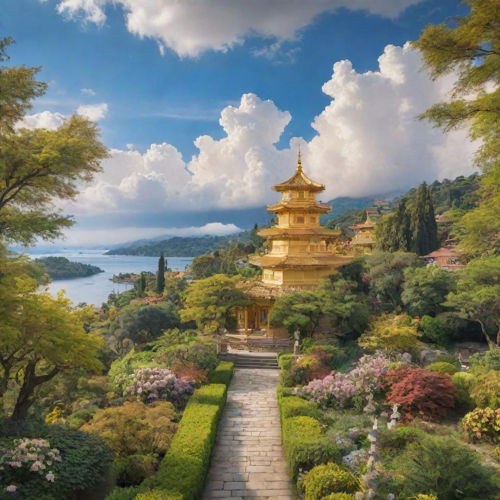 Visualize an idyllic image of heaven, filled with serene cloudscapes, golden buildings, lush gardens, and peaceful inhabitants