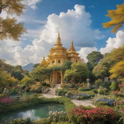 Visualize an idyllic image of heaven, filled with serene cloudscapes, golden buildings, lush gardens, and peaceful inhabitants