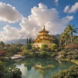 Visualize an idyllic image of heaven, filled with serene cloudscapes, golden buildings, lush gardens, and peaceful inhabitants