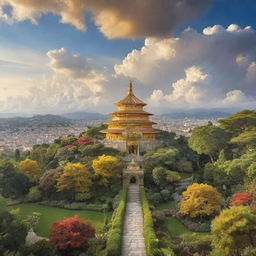 Visualize an idyllic image of heaven, filled with serene cloudscapes, golden buildings, lush gardens, and peaceful inhabitants