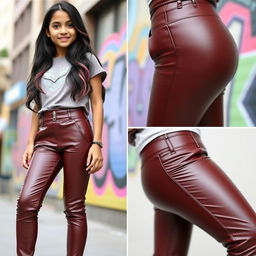 An Indian girl wearing chic solid casual PU leather zipper waist skinny pencil pants, with a stylish and trendy look