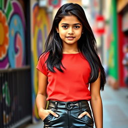 An Indian girl wearing chic solid casual PU leather zipper waist skinny pencil pants, embodying a stylish and youthful look