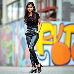 An Indian girl wearing chic solid casual PU leather zipper waist skinny pencil pants, showcasing a fashionable and youthful style