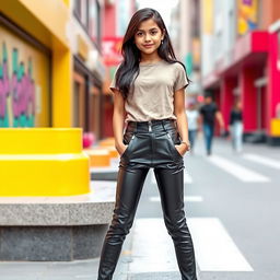 An Indian girl wearing chic solid casual PU leather zipper waist skinny pencil pants, showcasing a fashionable and youthful style