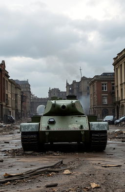 A scene from World War II featuring a lone, weathered tank standing in the middle of a devastated, war-torn city