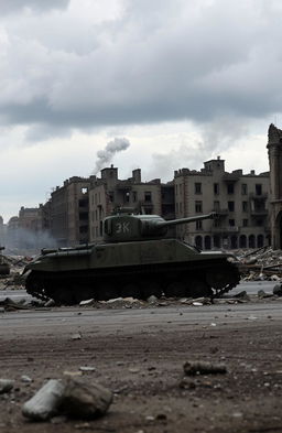 A scene from World War II featuring a lone, weathered tank standing in the middle of a devastated, war-torn city