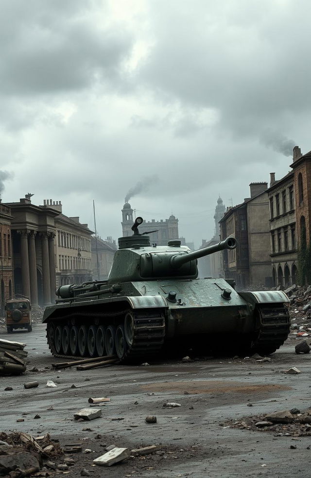 A scene from World War II featuring a lone, weathered tank standing in the middle of a devastated, war-torn city