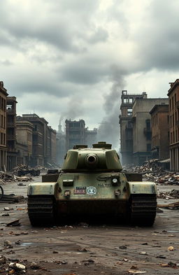 A scene from World War II featuring a lone, weathered tank standing in the middle of a devastated, war-torn city