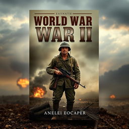 A captivating World War II book cover design featuring a lone soldier in a tattered uniform, standing bravely on a battlefield