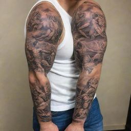 A vivid full sleeve tattoo design featuring intense scenes from an ancient Greek war, interspersed with standout images of Greek boxing and Greco-Roman wrestling.