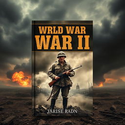 A captivating World War II book cover design featuring a lone soldier in a tattered uniform, standing bravely on a battlefield