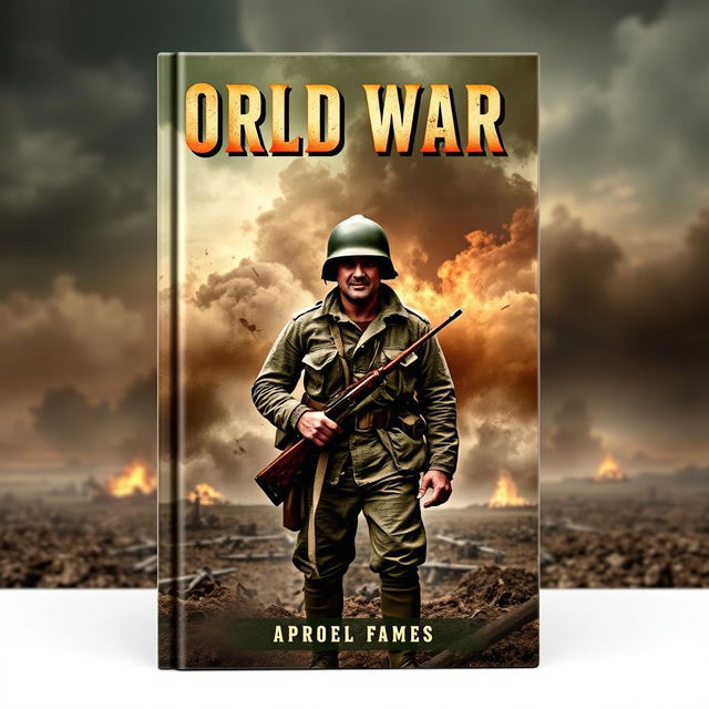 A captivating World War II book cover design featuring a lone soldier in a tattered uniform, standing bravely on a battlefield