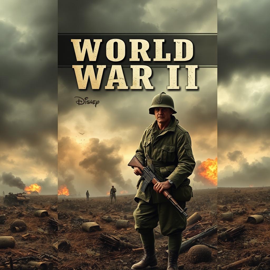 A captivating World War II book cover design featuring a lone soldier in a tattered uniform, standing bravely on a battlefield