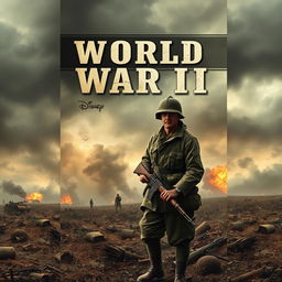 A captivating World War II book cover design featuring a lone soldier in a tattered uniform, standing bravely on a battlefield