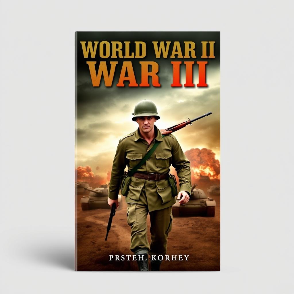 An eye-catching World War II book cover design featuring a soldier in a classic WWII uniform, confidently marching forward with a rifle slung over his shoulder