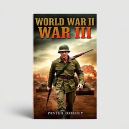 An eye-catching World War II book cover design featuring a soldier in a classic WWII uniform, confidently marching forward with a rifle slung over his shoulder