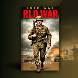 An eye-catching World War II book cover design featuring a soldier in a classic WWII uniform, confidently marching forward with a rifle slung over his shoulder