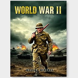 An eye-catching World War II book cover design featuring a soldier in a classic WWII uniform, confidently marching forward with a rifle slung over his shoulder