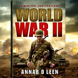 An eye-catching World War II book cover design featuring a soldier in a classic WWII uniform, confidently marching forward with a rifle slung over his shoulder