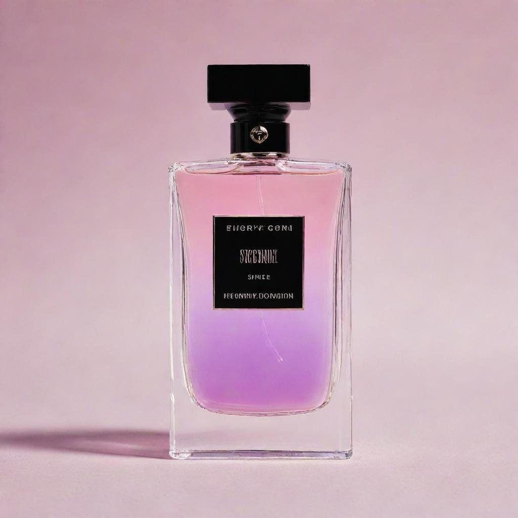 A luxurious perfume bottle with a gradient pink, purple and black label. The label reads 'Spicy Girl for Women' written elegantly.