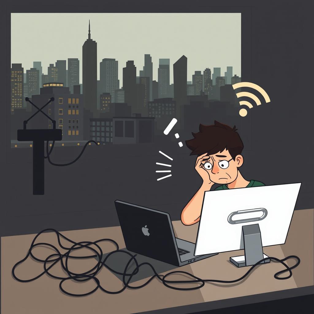 A conceptual illustration depicting limited internet access, featuring a frustrated person sitting at a desk with a laptop, looking at a loading symbol on the screen, surrounded by tangled cables and a weak Wi-Fi signal