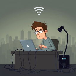 A conceptual illustration depicting limited internet access, featuring a frustrated person sitting at a desk with a laptop, looking at a loading symbol on the screen, surrounded by tangled cables and a weak Wi-Fi signal