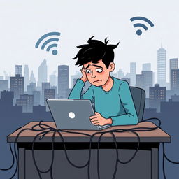 A conceptual illustration depicting limited internet access, featuring a frustrated person sitting at a desk with a laptop, looking at a loading symbol on the screen, surrounded by tangled cables and a weak Wi-Fi signal