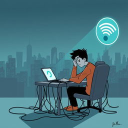 A conceptual illustration depicting limited internet access, featuring a frustrated person sitting at a desk with a laptop, looking at a loading symbol on the screen, surrounded by tangled cables and a weak Wi-Fi signal