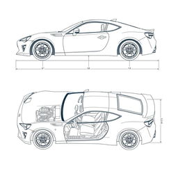 A detailed technical blueprint of a Toyota 86 car, showcasing its sleek design, including annotations for its engine, chassis, and key features