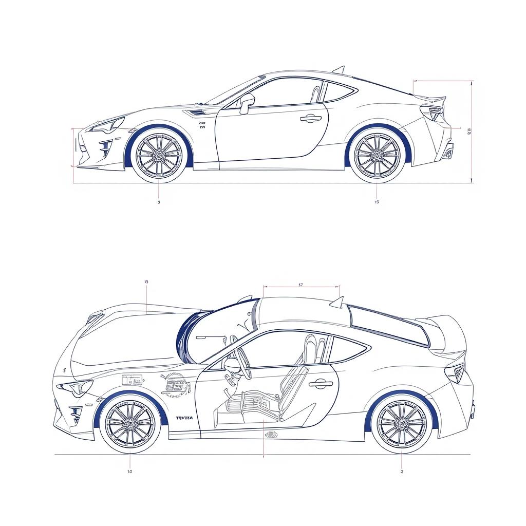 A detailed technical blueprint of a Toyota 86 car, showcasing its sleek design, including annotations for its engine, chassis, and key features