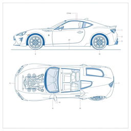 A detailed technical blueprint of a Toyota 86 car, showcasing its sleek design, including annotations for its engine, chassis, and key features