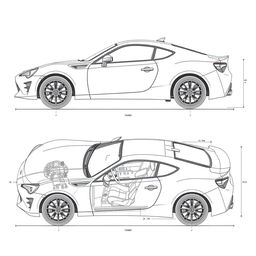 A detailed technical blueprint of a Toyota 86 car, showcasing its sleek design, including annotations for its engine, chassis, and key features