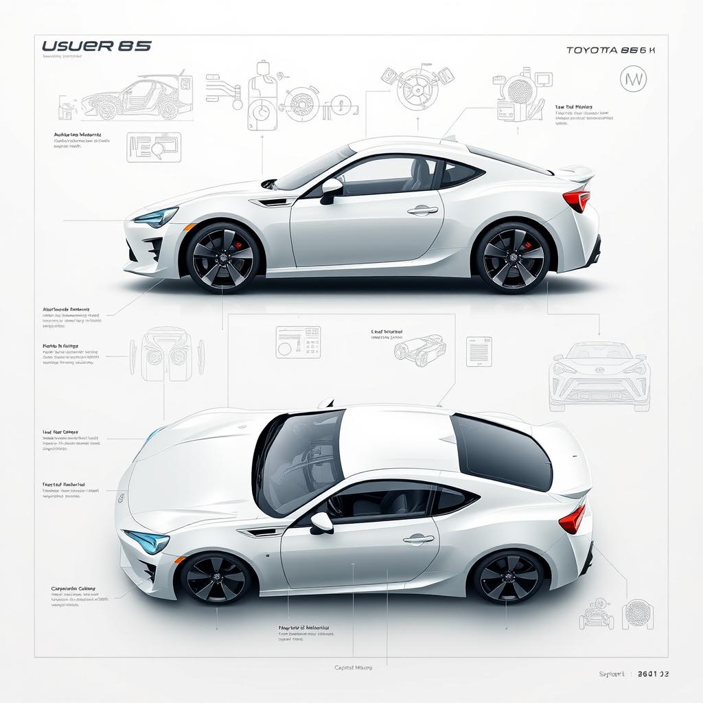 A detailed, futuristic blueprint of a Toyota 86, showcasing its sleek lines and cutting-edge design elements