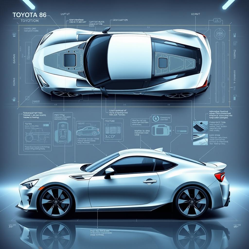 A detailed, futuristic blueprint of a Toyota 86, showcasing its sleek lines and cutting-edge design elements