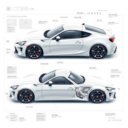 A detailed, futuristic blueprint of a Toyota 86, showcasing its sleek lines and cutting-edge design elements