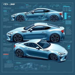 A detailed, futuristic blueprint of a Toyota 86, showcasing its sleek lines and cutting-edge design elements