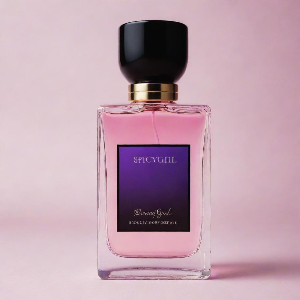 A luxurious perfume bottle with a gradient pink, purple and black label. The label reads 'Spicy Girl for Women' written elegantly.