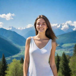 An elegant girl with a radiant smile, standing in front of a breathtaking panorama of nature, complete with lush forests, clear blue skies, and mountain peaks.